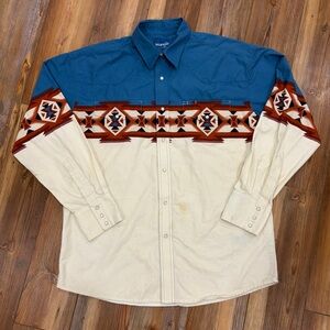 Vintage 80s Wrangler Western Southwestern Pearl Snap Button Front Shirt